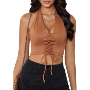 imageMakeMeChic Womens Lace Up Crop Halter Top Shirred Tie Back Sleeveless Suede TopsBrown