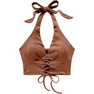 imageMakeMeChic Womens Lace Up Crop Halter Top Shirred Tie Back Sleeveless Suede TopsBrown a