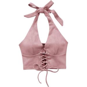 imageMakeMeChic Womens Lace Up Crop Halter Top Shirred Tie Back Sleeveless Suede TopsDusty Pink