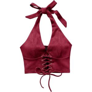 imageMakeMeChic Womens Lace Up Crop Halter Top Shirred Tie Back Sleeveless Suede TopsRed