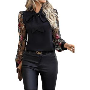 imageMakeMeChic Womens Long Sleeve Shirts Floral Embroidery Mesh Blouse Office Work TopsBlack
