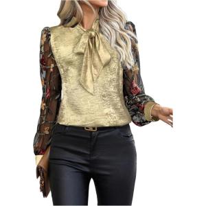 imageMakeMeChic Womens Long Sleeve Shirts Floral Embroidery Mesh Blouse Office Work TopsGold