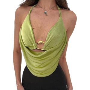 imageMakeMeChic Womens Sexy Deep V Neck Halter Top Backless Going Out Top Y2k Crop TopsOlive Green