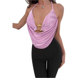 imageMakeMeChic Womens Sexy Deep V Neck Halter Top Backless Going Out Top Y2k Crop TopsPurple