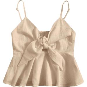 imageMakeMeChic Womens Smocked Peplum Crop Top V Neck Tie Front Boho Sleeveless Shirred CamiBeige
