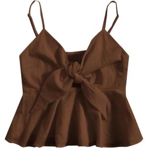 imageMakeMeChic Womens Smocked Peplum Crop Top V Neck Tie Front Boho Sleeveless Shirred CamiCoffee Brown