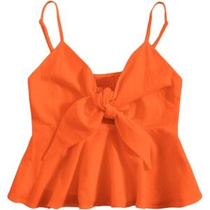 imageMakeMeChic Womens Smocked Peplum Crop Top V Neck Tie Front Boho Sleeveless Shirred CamiOrange