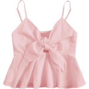 imageMakeMeChic Womens Smocked Peplum Crop Top V Neck Tie Front Boho Sleeveless Shirred CamiPink