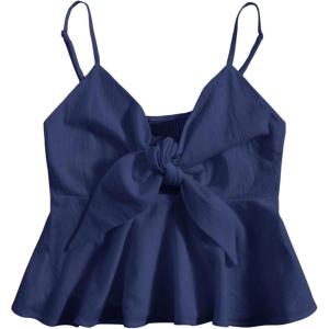 imageMakeMeChic Womens Smocked Peplum Crop Top V Neck Tie Front Boho Sleeveless Shirred CamiPlain Blue