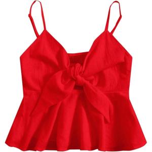 imageMakeMeChic Womens Smocked Peplum Crop Top V Neck Tie Front Boho Sleeveless Shirred CamiRed