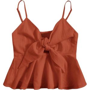 imageMakeMeChic Womens Smocked Peplum Crop Top V Neck Tie Front Boho Sleeveless Shirred CamiRust Brown