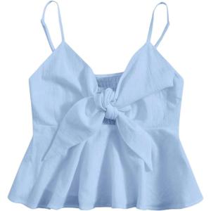 imageMakeMeChic Womens Smocked Peplum Crop Top V Neck Tie Front Boho Sleeveless Shirred CamiSolid Blue