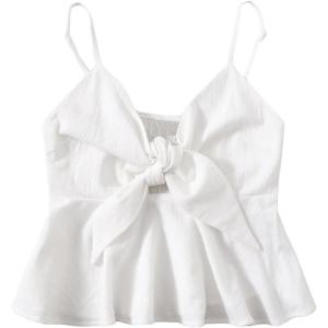 imageMakeMeChic Womens Smocked Peplum Crop Top V Neck Tie Front Boho Sleeveless Shirred CamiWhite