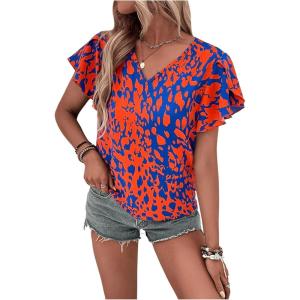 imageMakeMeChic Womens Tropical Print Blouses Short Sleeve Ruffle V Neck Summer Boho Dressy Shirt TopBlue Red
