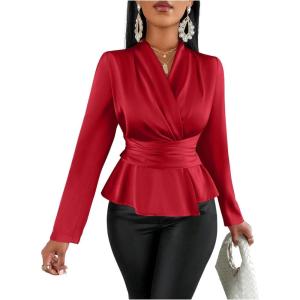 imageMakeMeChic Womens Wrap V Neck Long Sleeve Ruched Satin Shirt Blouse Elegant Peplum TopsRed
