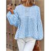 imageMakeMeChic Womens Casual Gingham Print Peplum Blouse Lantern Sleeve Round Neck Shirt TopsBlue and White