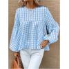 imageMakeMeChic Womens Casual Gingham Print Peplum Blouse Lantern Sleeve Round Neck Shirt TopsBlue and White