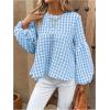 imageMakeMeChic Womens Casual Gingham Print Peplum Blouse Lantern Sleeve Round Neck Shirt TopsBlue and White