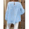imageMakeMeChic Womens Casual Gingham Print Peplum Blouse Lantern Sleeve Round Neck Shirt TopsBlue and White