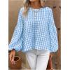 imageMakeMeChic Womens Casual Gingham Print Peplum Blouse Lantern Sleeve Round Neck Shirt TopsBlue and White
