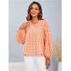 imageMakeMeChic Womens Casual Gingham Print Peplum Blouse Lantern Sleeve Round Neck Shirt TopsOrange and White