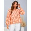imageMakeMeChic Womens Casual Gingham Print Peplum Blouse Lantern Sleeve Round Neck Shirt TopsOrange and White