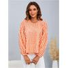 imageMakeMeChic Womens Casual Gingham Print Peplum Blouse Lantern Sleeve Round Neck Shirt TopsOrange and White