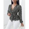 imageMakeMeChic Womens Casual Polka Dots Lantern Sleeve Belted Blouse Wrap V Neck Peplum Shirt TopBlack and White