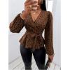 imageMakeMeChic Womens Casual Polka Dots Lantern Sleeve Belted Blouse Wrap V Neck Peplum Shirt TopBrown
