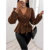imageMakeMeChic Womens Casual Polka Dots Lantern Sleeve Belted Blouse Wrap V Neck Peplum Shirt TopBrown