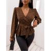 imageMakeMeChic Womens Casual Polka Dots Lantern Sleeve Belted Blouse Wrap V Neck Peplum Shirt TopBrown