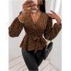 imageMakeMeChic Womens Casual Polka Dots Lantern Sleeve Belted Blouse Wrap V Neck Peplum Shirt TopBrown