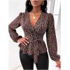 imageMakeMeChic Womens Casual Polka Dots Lantern Sleeve Belted Blouse Wrap V Neck Peplum Shirt TopDusty Pink