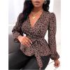imageMakeMeChic Womens Casual Polka Dots Lantern Sleeve Belted Blouse Wrap V Neck Peplum Shirt TopDusty Pink