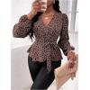 imageMakeMeChic Womens Casual Polka Dots Lantern Sleeve Belted Blouse Wrap V Neck Peplum Shirt TopDusty Pink