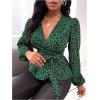 imageMakeMeChic Womens Casual Polka Dots Lantern Sleeve Belted Blouse Wrap V Neck Peplum Shirt TopGreen