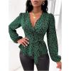 imageMakeMeChic Womens Casual Polka Dots Lantern Sleeve Belted Blouse Wrap V Neck Peplum Shirt TopGreen