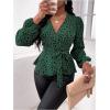 imageMakeMeChic Womens Casual Polka Dots Lantern Sleeve Belted Blouse Wrap V Neck Peplum Shirt TopGreen
