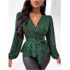 imageMakeMeChic Womens Casual Polka Dots Lantern Sleeve Belted Blouse Wrap V Neck Peplum Shirt TopGreen