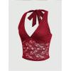 imageMakeMeChic Womens Halter Tops Mesh Lace Sexy Cute Summer Crop Tank TopBurgundy