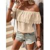 imageMakeMeChic Womens Off The Shoulder Tops Short Sleeve Loose Lace Summer TopBeige