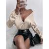 imageMakeMeChic Womens Satin Silk Long Sleeve Blouse Button Down Shirt Casual TopBeige a