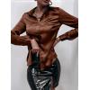 imageMakeMeChic Womens Satin Silk Long Sleeve Blouse Button Down Shirt Casual TopBrown