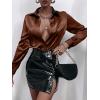 imageMakeMeChic Womens Satin Silk Long Sleeve Blouse Button Down Shirt Casual TopBrown