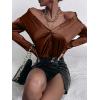 imageMakeMeChic Womens Satin Silk Long Sleeve Blouse Button Down Shirt Casual TopBrown