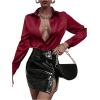 imageMakeMeChic Womens Satin Silk Long Sleeve Blouse Button Down Shirt Casual TopBurgundy