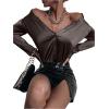 imageMakeMeChic Womens Satin Silk Long Sleeve Blouse Button Down Shirt Casual TopCoffee Brown