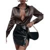 imageMakeMeChic Womens Satin Silk Long Sleeve Blouse Button Down Shirt Casual TopCoffee Brown