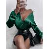 imageMakeMeChic Womens Satin Silk Long Sleeve Blouse Button Down Shirt Casual TopDark Green