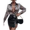 imageMakeMeChic Womens Satin Silk Long Sleeve Blouse Button Down Shirt Casual TopDark Grey B